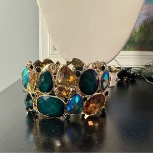 Gold-Tone Multi-Gem Stretch Bracelet with Deep Green, Cobalt Blue & Amber Stones